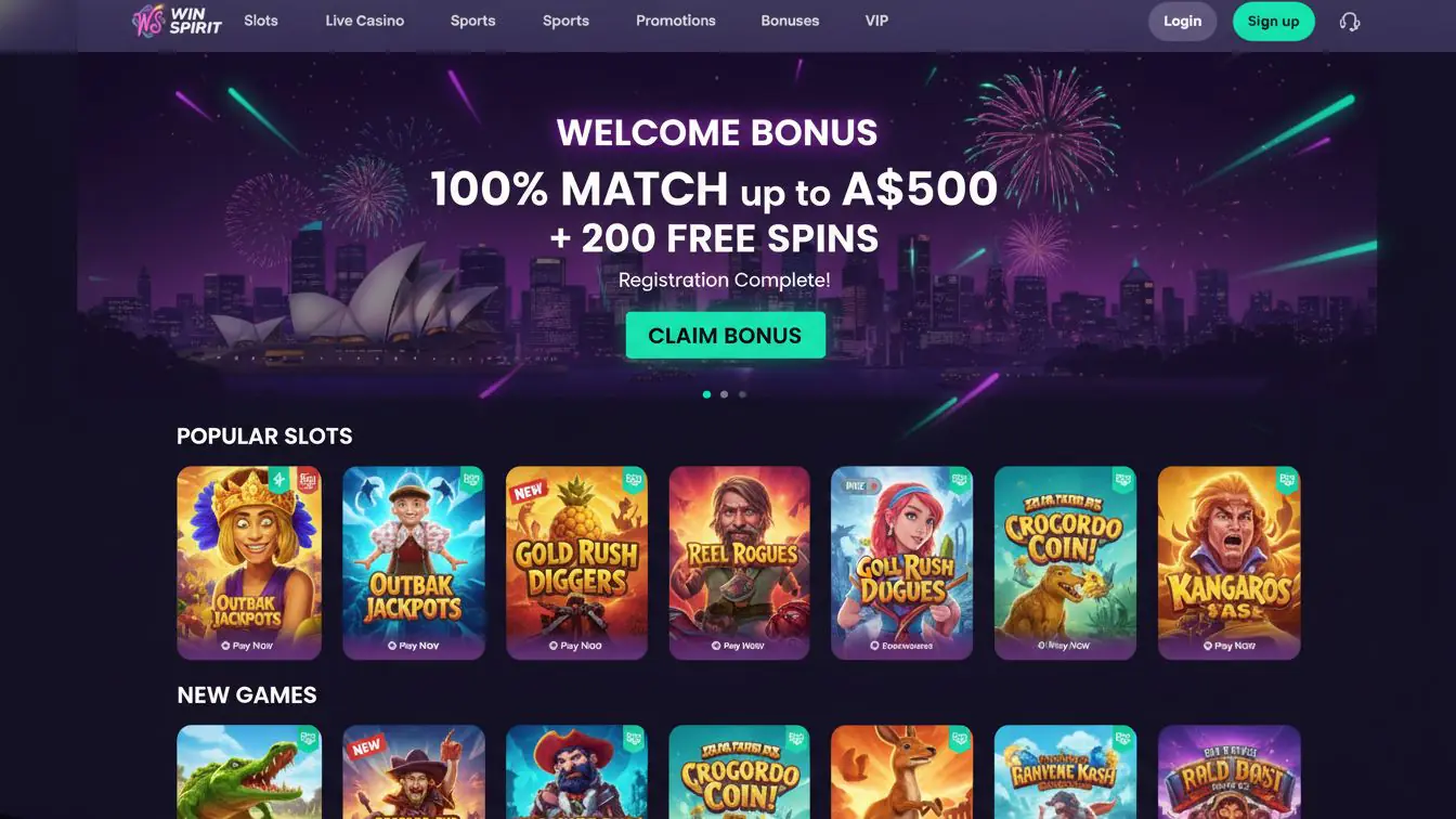 Welcome bonus banner with AUD and free spins.