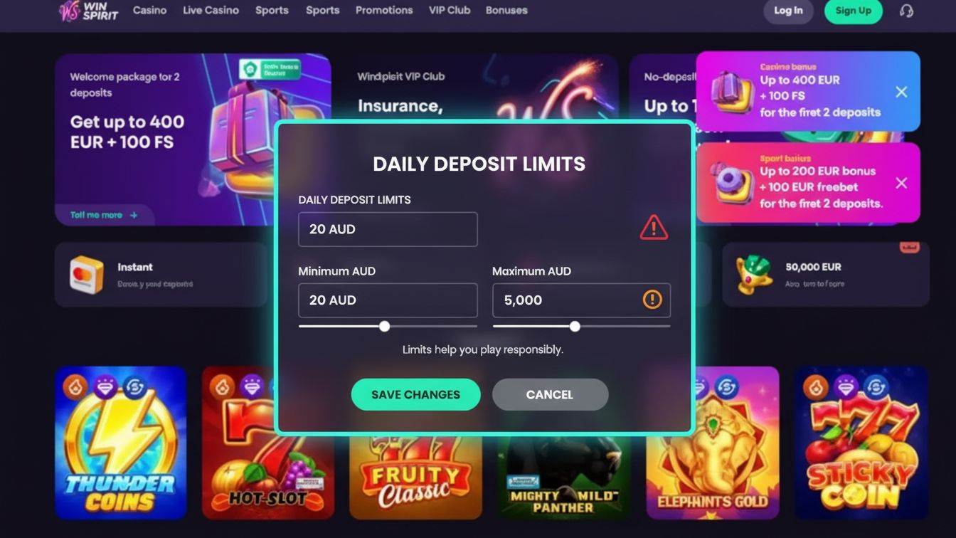 Casino deposit limits displayed in AUD.