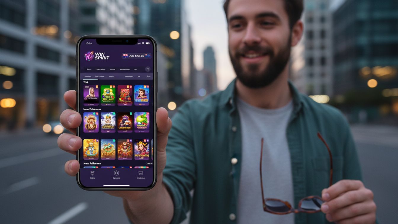 Winspirit mobile casino app interface with AUD balance.