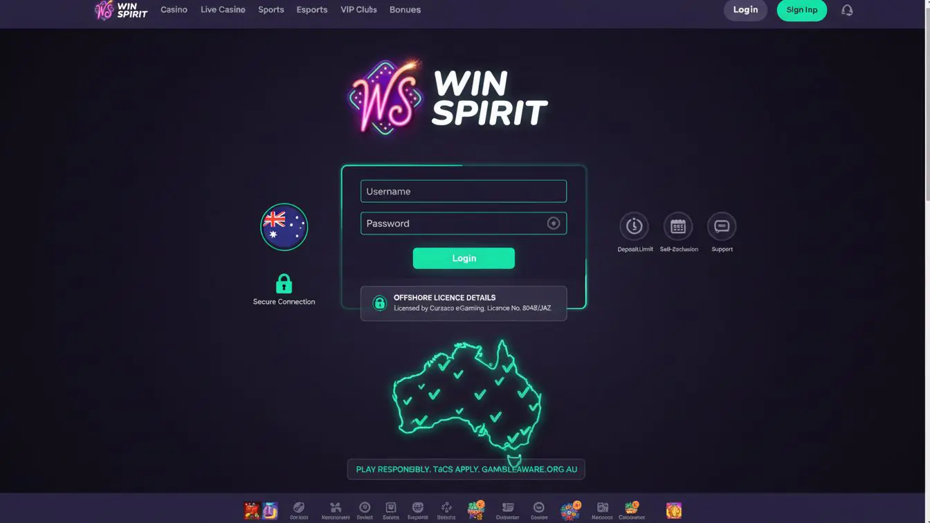 Secure Australian online casino login with legal icons and Australian flag.