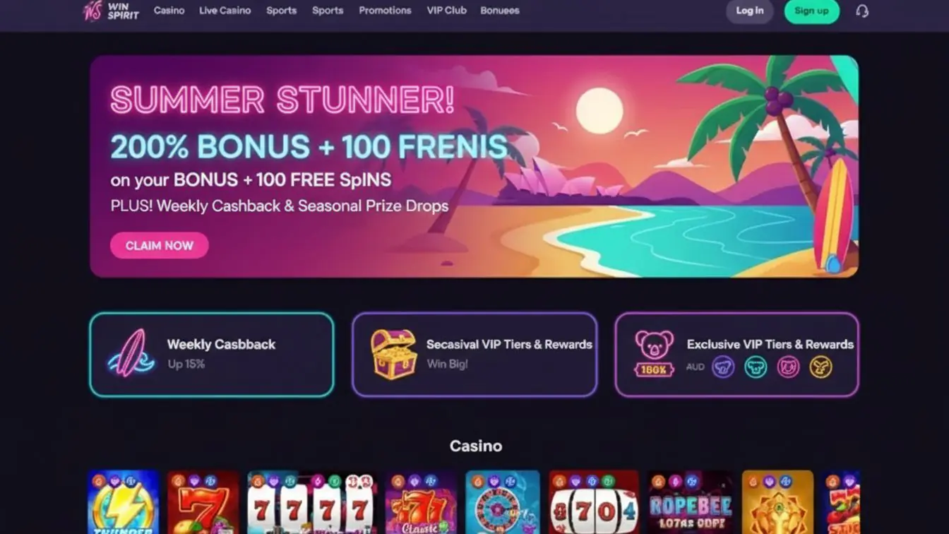 Winspirit bonuses banner with AUD 200% and free spins in Aussie summer style.