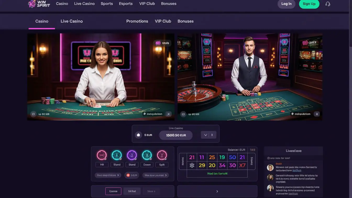 Live casino tables with dealers and betting UI.